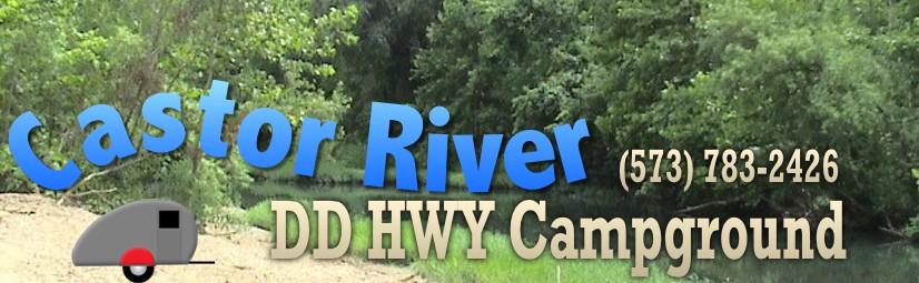 A gravel creek bank with grass  and a creek lined with trees. Blue text Curves above a teardrop trailer graphic. Castor River DD HWY Campground 573-783-2426