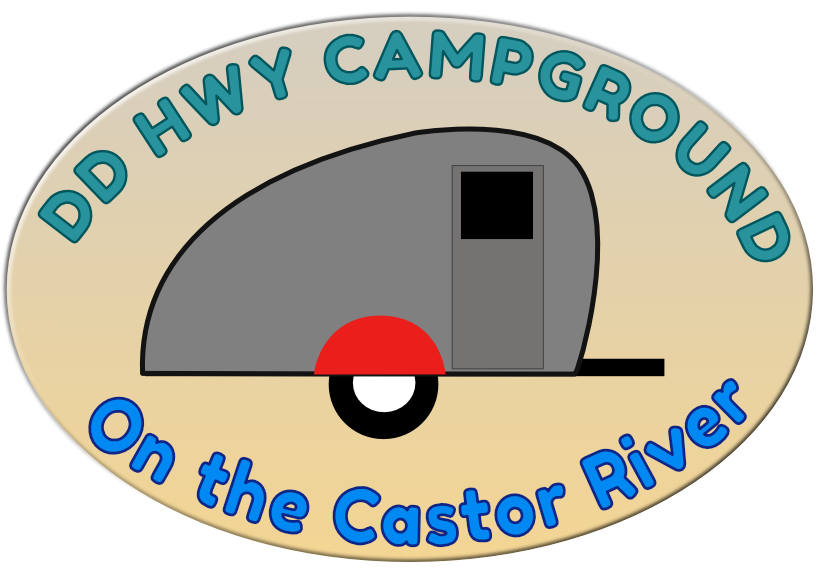 Logo Tear drop camper with text: DD HWY Campground on the Castor River